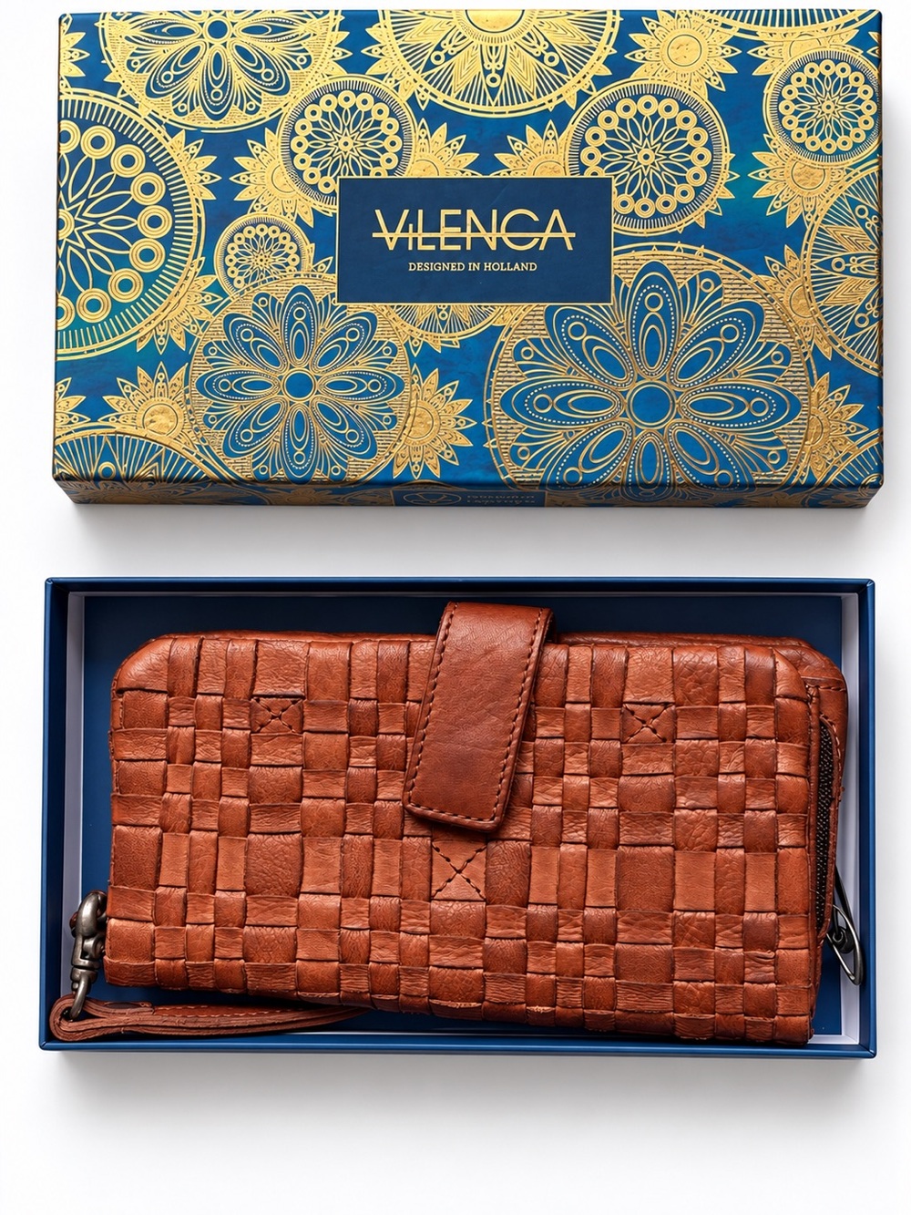 VILENCA HOLLAND Cognac Woven-Leather Wallet/Wristlet new in box